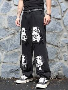 Manfinity EMRG 大码男士破洞骷髅印花宽松直筒牛仔裤，休闲老爹牛仔裤 - 黑色 - 查看 3