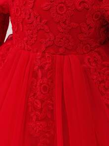 Glamorique Kids 女婴红色刺绣蕾丝边长袖缎面网眼礼服，圣诞节、万圣节、派对、生日、高端公主裙 - 紅色 - 查看 6