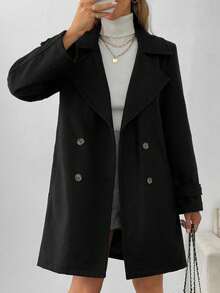 EURMUSE Fashionable Versatile Solid Color Double-Breasted Overcoat, Autumn/Winter Office Everyday Black Elegant - Black - View 5
