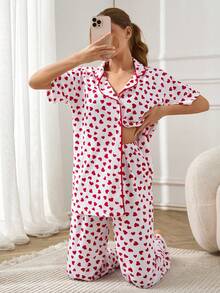 RueChic Women Contrast Colour Piping Detail Buttın Front Heart Pattern Homewear PJ Set - White - View 3