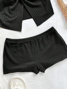 Soleia 2pcs Women Solid Color Twist Knot Hem Halter Top And Shorts Set Women's Summer Set Women Costume  Beach Outfit For Women Vacation Outfits For Women Casual - Black - View 3