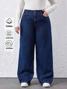 SHEIN Cottnline سراويل جينز قطن 100% واسعة الساق مقاسات كبيرة للنساء - أزرق داكن - مشاهدة 1