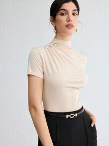 BizChic Women's Stand Collar Pleated Short Sleeve T-Shirt, Basic Top, Suitable For Outings, Office, Business Casual, Autumn - Apricot - View 6