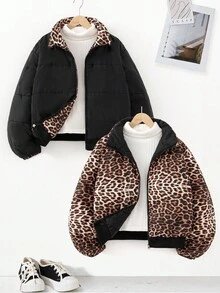 2-In-1 Black Leopard Print Padded Coat For Teen Girl Minimalist, Comfortable And Fashionable, Short Style, Suitable For Pre-Teen Girls Fall Winter - Multicolor - View 3
