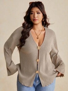 Elaquor 大码女式金属花单排扣长袖宽松休闲夹克 - 駝色 - 查看 4