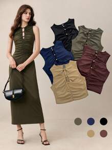 BizChic Women's Autumn Metal Buckle Pleated Off-Shoulder Knit Sleeveless Dress, Urban Commute Business Casual Office Wear, Elegant Party Evening Dress - Dark Green - View 9