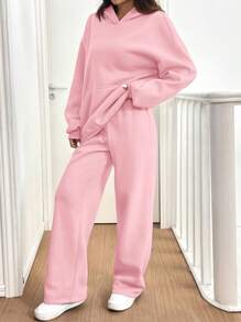 SHEIN EZwear 2pcs/Set Women Casual Thermal Lined Hoodie Sweatshirt And Pants, Pink, Autumn/Winter - Pink - View 6