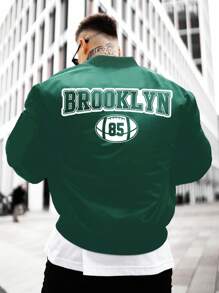 Manfinity Homme Men's Spring/Autumn Rave Baseball Bomber Jacket With Letter Print Long Sleeves, Fall - Green - View 2