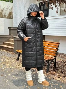 SHEIN EZwear Áo khoác dài có mũ trùm đầu cỡ lớn, đa năng cho mùa đông - màu đen - Xem 7