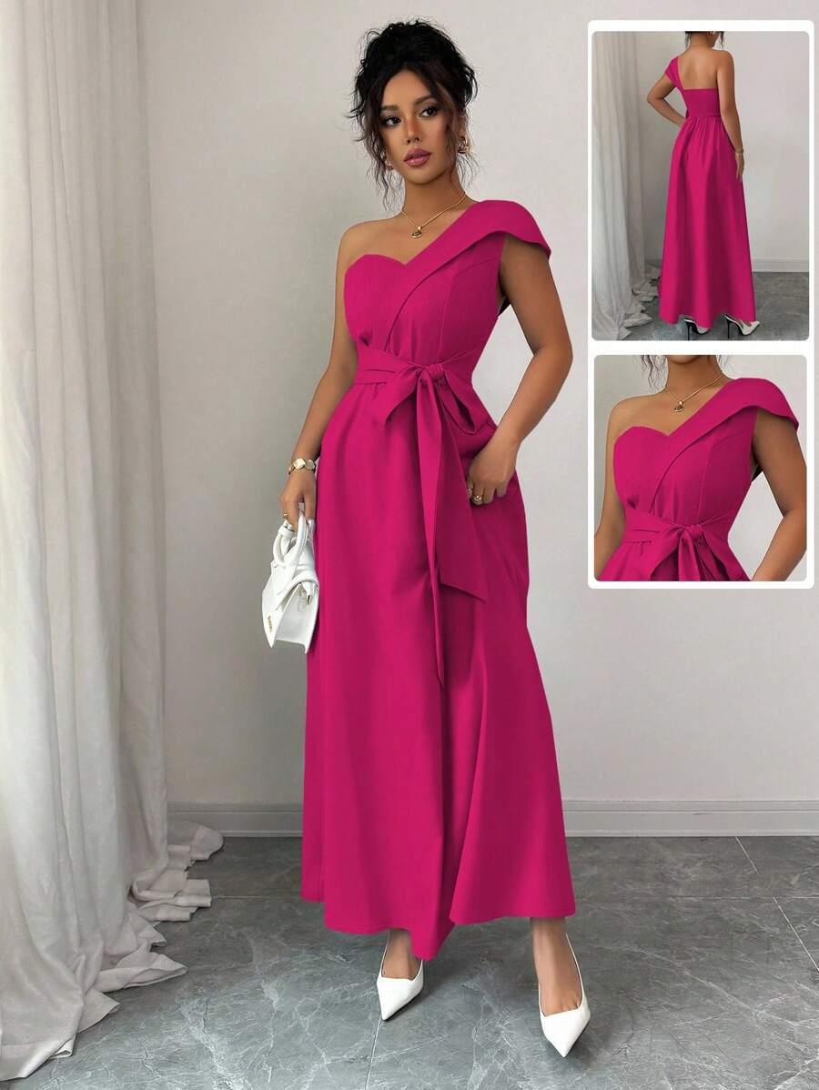 Lyxana Women's Elegant Solid Color Asymmetric Collar Long Dress - Hot Pink - View 1