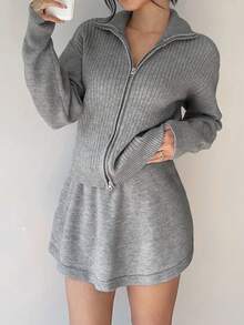 Siren Gaze Conjunto casual de 2 piezas de mujer con cárdigan de manga larga con hombros caídos y cremallera frontal, y falda midi de punto para otoño e invierno