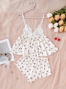 CottageSlumber 蕾丝拼布深V领樱花吊带背心和短裤睡衣套装夏季睡衣樱花睡衣套装两件套睡衣套装女士夏季睡衣套装女士睡衣 - 彩色 - 查看 2