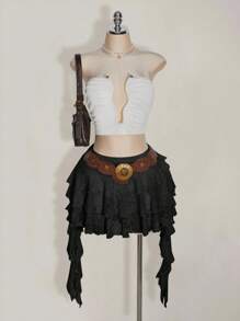 SHEIN ICON Große Größen Urlaubs Lässig Sexy weiße Spitze Rüschen Saum Rock mit Sicherheitsshorts, geeignet für Sommer, Musikfestivals, Schulanfang - Schwarz - Übersicht 3