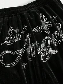Tween Girl Velvet Rhinestone Hoodie & Fitted Pants 2pcs Suit Set, Fashion Casual Outfit For Halloween, Christmas Party, Weekends, Casual Outing Fall Winter - Black - View 17