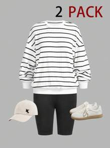 SHEIN LUNE Bộ 2 áo nỉ kẻ sọc rộng rãi và quần legging bó cho nữ, trang phục thể thao mặc thường ngày, trang phục mùa thu cho nữ, quần áo mùa thu - Nhiều màu - Xem 2