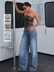 RueChic 女士低腰阔腿牛仔裤 - 淺色水洗藍 - 查看 1