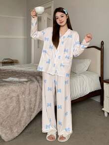 少女春秋条纹纹理可爱蝴蝶结图案印花开衫睡衣套装，居家休闲 - 藍白色 - 查看 6