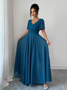 Elenzga 荷叶边袖腰部收紧 V 领 A 字型简约优雅浪漫精致女士连衣裙 - 水鴨藍 - 查看 5