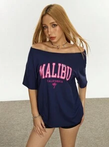 Rina Fox 女士字母印花露肩落袖宽松休闲 T 恤