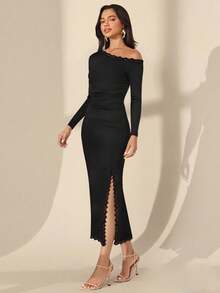 Chiquease Women's Elegant Lace Patchwork Oblique Shoulder Slim Fit Long Dress, Black Fall Cloth For Women - Black - View 3