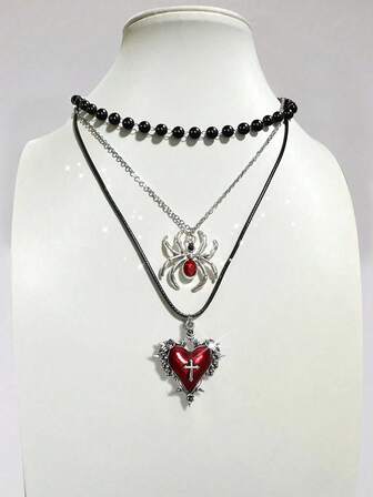 Grunge Punk 3 Stücke Gothic Stil schwarze Perlen, rote Dornrose, Kreuz & Herz Anhänger Halsketten Set für Frauen