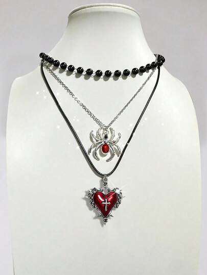 Grunge Punk 3pcs Gothic Style Black Beaded, Red Thorn Rose, Cross & Heart Pendant Necklace Set For Women