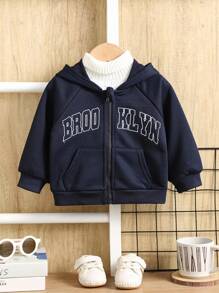 SHEIN 柔软舒适休闲百搭日常时尚刺绣拉链连帽夹克运动衫，适合男婴、女婴和幼儿，适合室内、户外、日常、运动、玩耍、派对、拍照、节日、万圣节、圣诞节 - 藏蓝色 - 查看 5