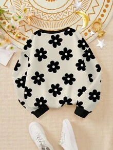 SHEIN Young Girl Happikins Cream White, Cute Floral Print, Y2K, City Walk, Streetwear Vibe, Casual Loose Fit Crew Neck Comfortable Daily Knit Long Sleeve Sweatshirt, Suitable For Autumn/Winter, Streetwear Vintage, Summer For Easy Comfort, Autumn Layers, Stylish, Casual Wear, Graphic, Fall, Back To School, Homecoming, Suitable For Outdoor Picnic, Outing, Street Photography, Home, Campus - Multicolor - View 4