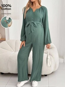 SHEIN 孕妇纯色纽扣半襟插肩灯笼袖口袋阔腿休闲连体裤 - 綠色 - 查看 3