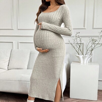 가을 옷, 가을 옷, 임산부 가을 옷 임산부 임산부 캐주얼 시크 스쿱 넥 스플릿 헴 드레스 임산부 드레스 긴팔 임산부 드레스 임신 드레스 임신 옷 골지 임산부 드레스