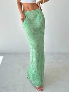 Firerie 优雅亮片刺绣美人鱼裙，亮片装饰女士 A 字裙，简约时尚，适合休闲日和派对舞会，奢华女士婚礼季节，优雅亮片刺绣修身低腰长款薄荷绿裙子，低腰亮片长裙 - 薄荷色蜜月女士婚礼宾客海岛度假造型毕业 - 綠色 - 查看 7