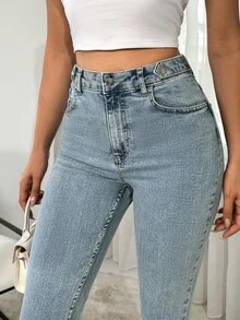 SHEIN Cottnline High Waist Button Detailed Skinny Jean - Medium Wash - View 3
