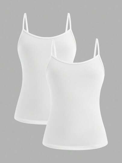 SHEIN Girlism Tween Girls 2pcs/Set All-Match Slim Fit Simple Basic Cami Top White Tank Tops Girls White Tank Tops White Camisole Girls Camisole White Tops Girls White Camisole Girls Tank Tops