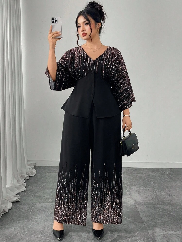 Modelyn 2pcs Plus Size Women Star Print Batwing Sleeve Top And Pants Set - Multicolor - View 7