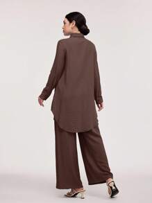 Veilorie 2 件套：女士休闲优雅撞色蕾丝纽扣衬衫和裤子 - 咖啡棕 - 查看 2