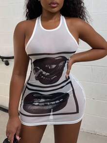 Alexandranx 唇印透明紧身迷你连衣裙 - 白色 - 查看 3