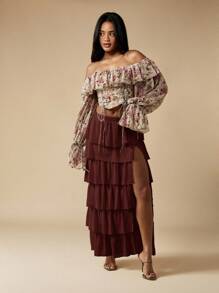 MISSGUIDED Chân váy dài Maxi voan xếp nếp nhiều tầng xẻ tà hai bên, thích hợp cho tiệc cưới bãi biển, tiệc tùng, tiệc mùa hè theo phong cách Bohemian - Màu nâu Sô-cô-la - Xem 3