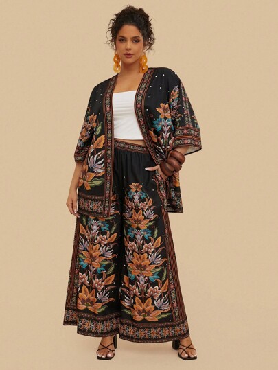 Travachic 大码女式波西米亚花卉印花宽松开衫和裤子两件套，秋季休闲度假装