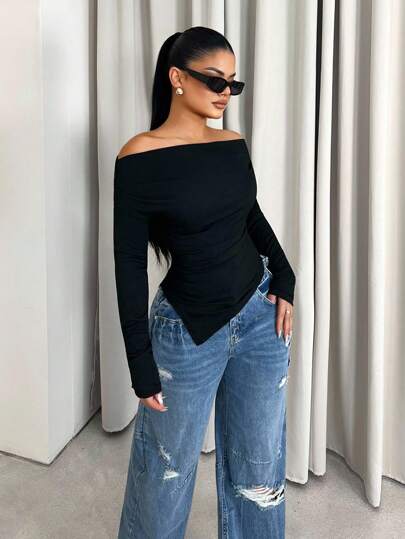 VaVaBold Off-Shoulder T-Shirt With Gathered Shoulders And Asymmetrical Hem