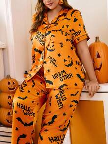 Chillnights Plus Size Faux Silk Shirt Collar Halloween Funny Pumpkin Print Set - Orange - View 6