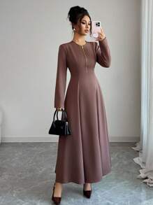 Elenzga Women's Elegant Coffee Brown Round Neck Front Zipper High-End Design Waist Fitted Flared Long Sleeve Midi Dress, Suitable For Commuting In Autumn Fall Cloth For Women - Brown - View 6