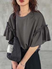 FRIFUL 女士宽松休闲纯色盖袖T恤，夏季，褶边