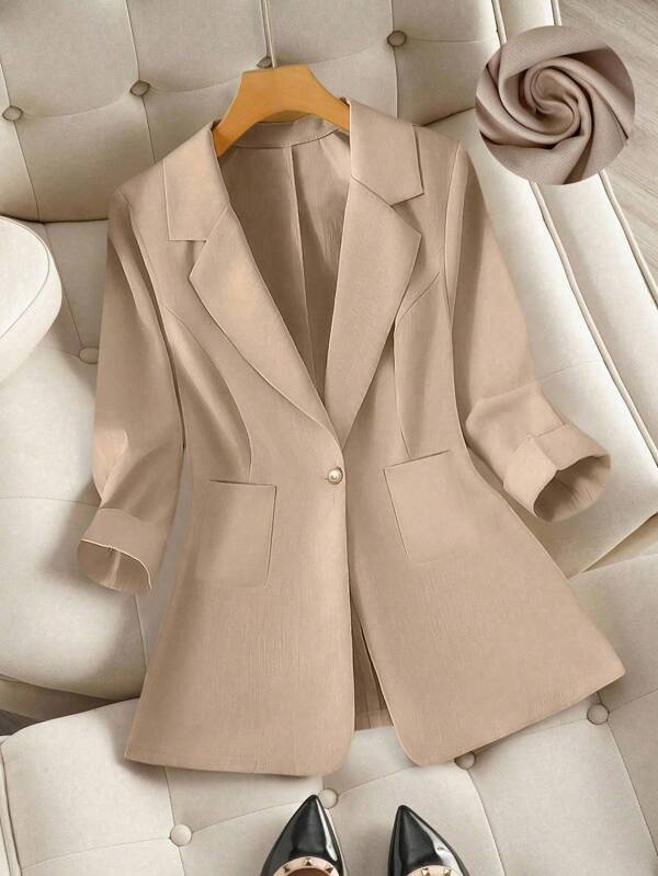 Elenzga Chaqueta blazer elegante de 3/4 de manga para mujer de talla grande, de unicolor, con bolsillos