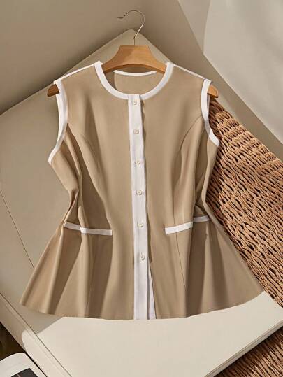 GlowEve CURVE 大码女式休闲 H 型圆领无袖撞色优雅简约衬衫