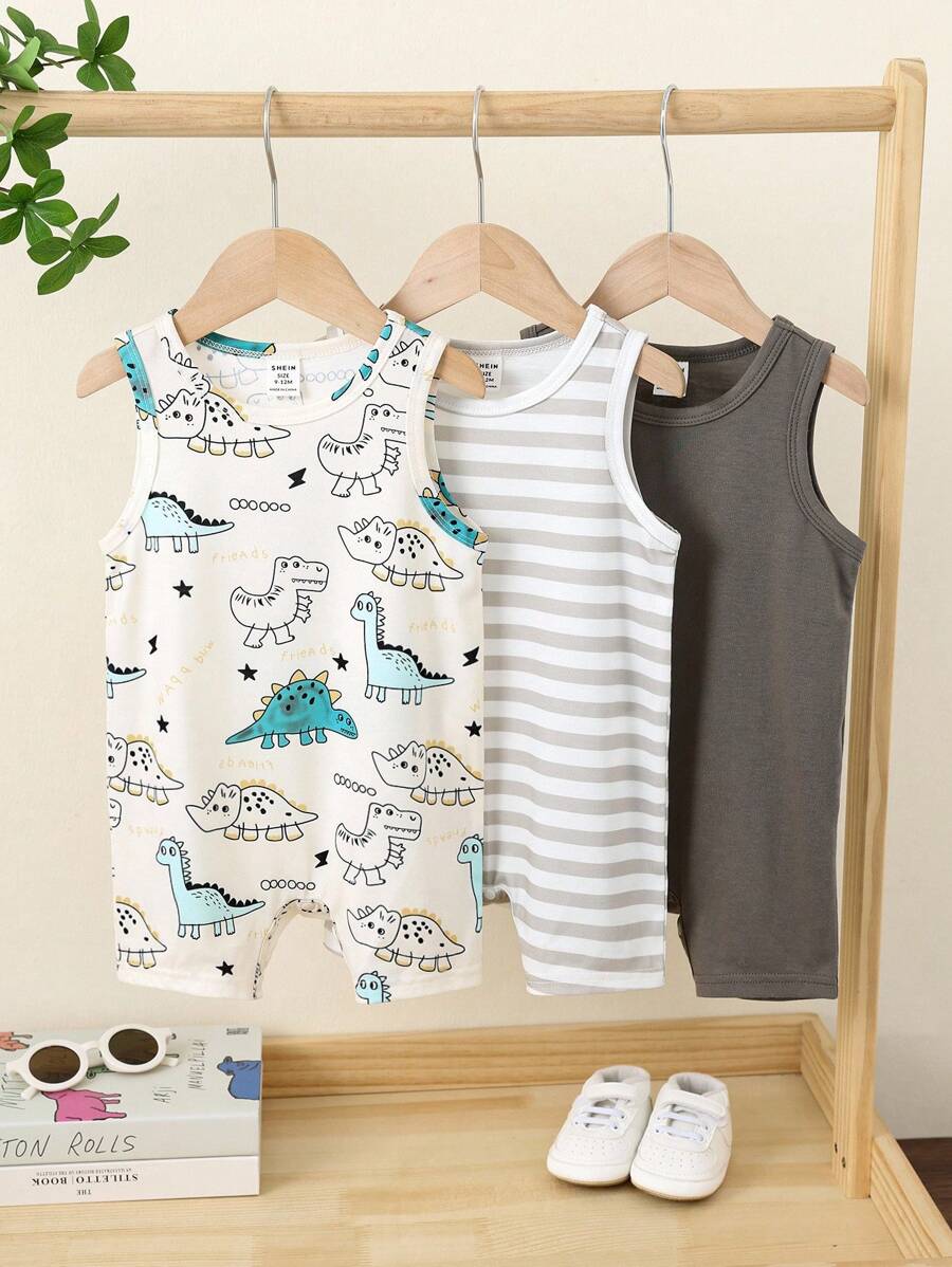 3件套新生男婴可爱卡通条纹无袖针织连体衣套装，夏季 - 彩色 - 查看 1