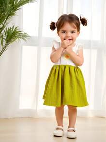 Baby Girls' Minimalist Jacquard Fabric Ruffle Hem Contrast Color Round Neck Sleeveless Dress, Fresh Daily Wear For Summer - White - View 3