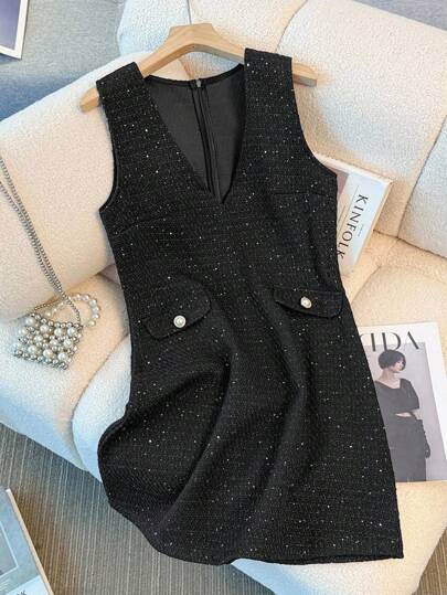 Franclia Abito elegante da donna in tweed, senza maniche, con scollo a V e linea ad A