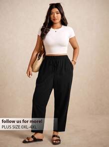 Elaquor 大码女式纯色休闲松紧腰七分裤，带口袋 - 黑色 - 查看 1