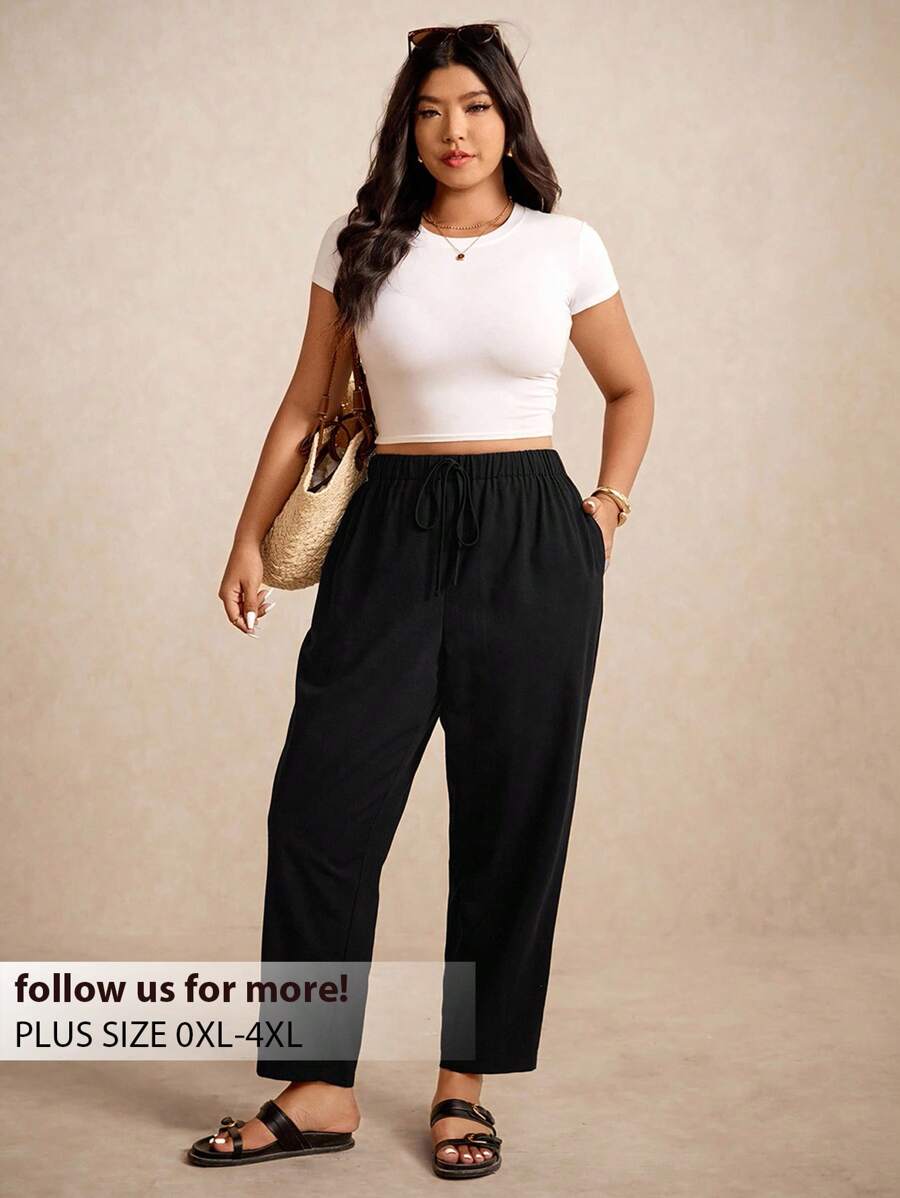 Elaquor 大码女式纯色休闲松紧腰七分裤，带口袋 - 黑色 - 查看 1