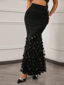 Xyvia Váy maxi ôm sát đuôi cá họa tiết hoa 3D, chất liệu lưới co giãn màu đen gợi cảm thanh lịch dành cho nữ, mùa xuân/hè - màu đen - Xem 7